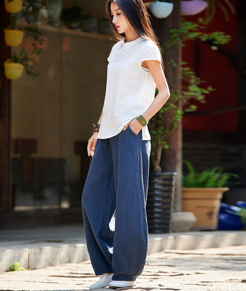 IXIMO Women's Casual Cotton Linen Baggy Pants with Elastic Waist Relax Fit Lantern Trousers Navy Blue L - Image 4